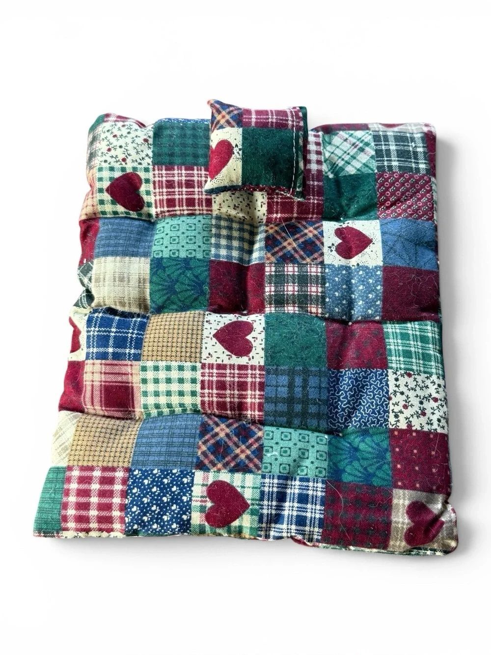 Miniature Handmade Dollhouse Patchwork Quilt and Matching Pillow Red White Green